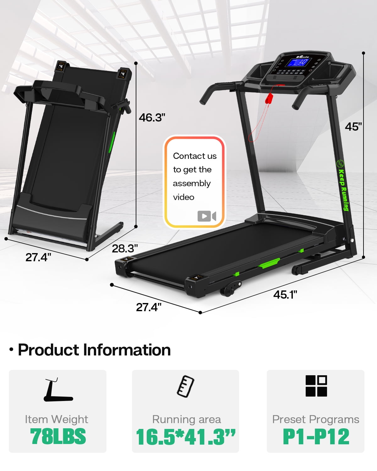 FYC Folding Treadmill for Home with Incline / Bluetooth, 3.5HP 330lb Weight Capacity Portable Electric Treadmill for Home Gym Exercise Running Walking Easy Assembly Green