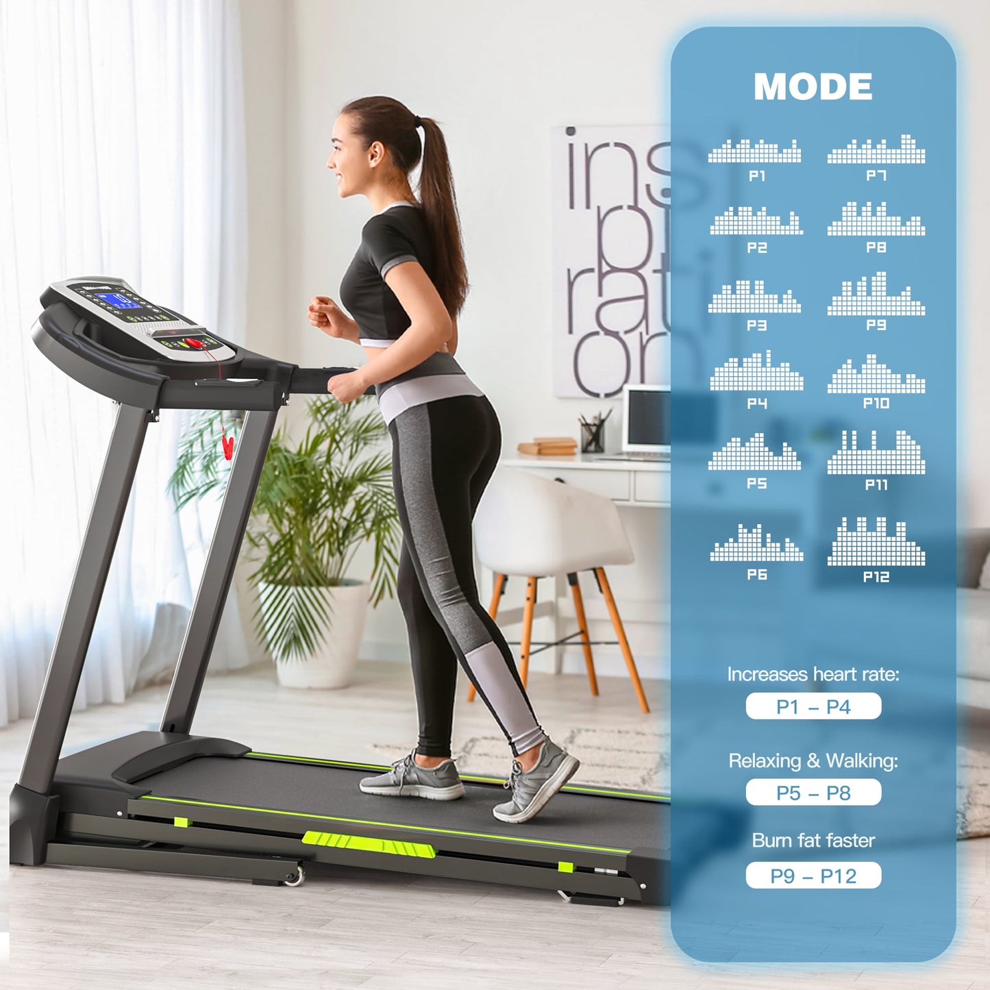 FYC Folding Treadmill for Home with Incline / Bluetooth, 3.5HP 330lb Weight Capacity Portable Electric Treadmill for Home Gym Exercise Running Walking Easy Assembly Green