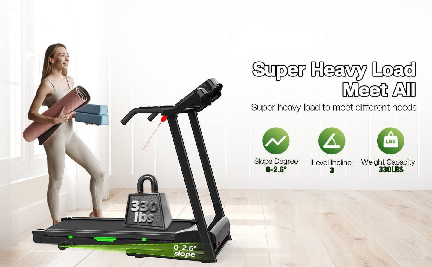 FYC Folding Treadmill for Home with Incline / Bluetooth, 3.5HP 330lb Weight Capacity Portable Electric Treadmill for Home Gym Exercise Running Walking Easy Assembly Green