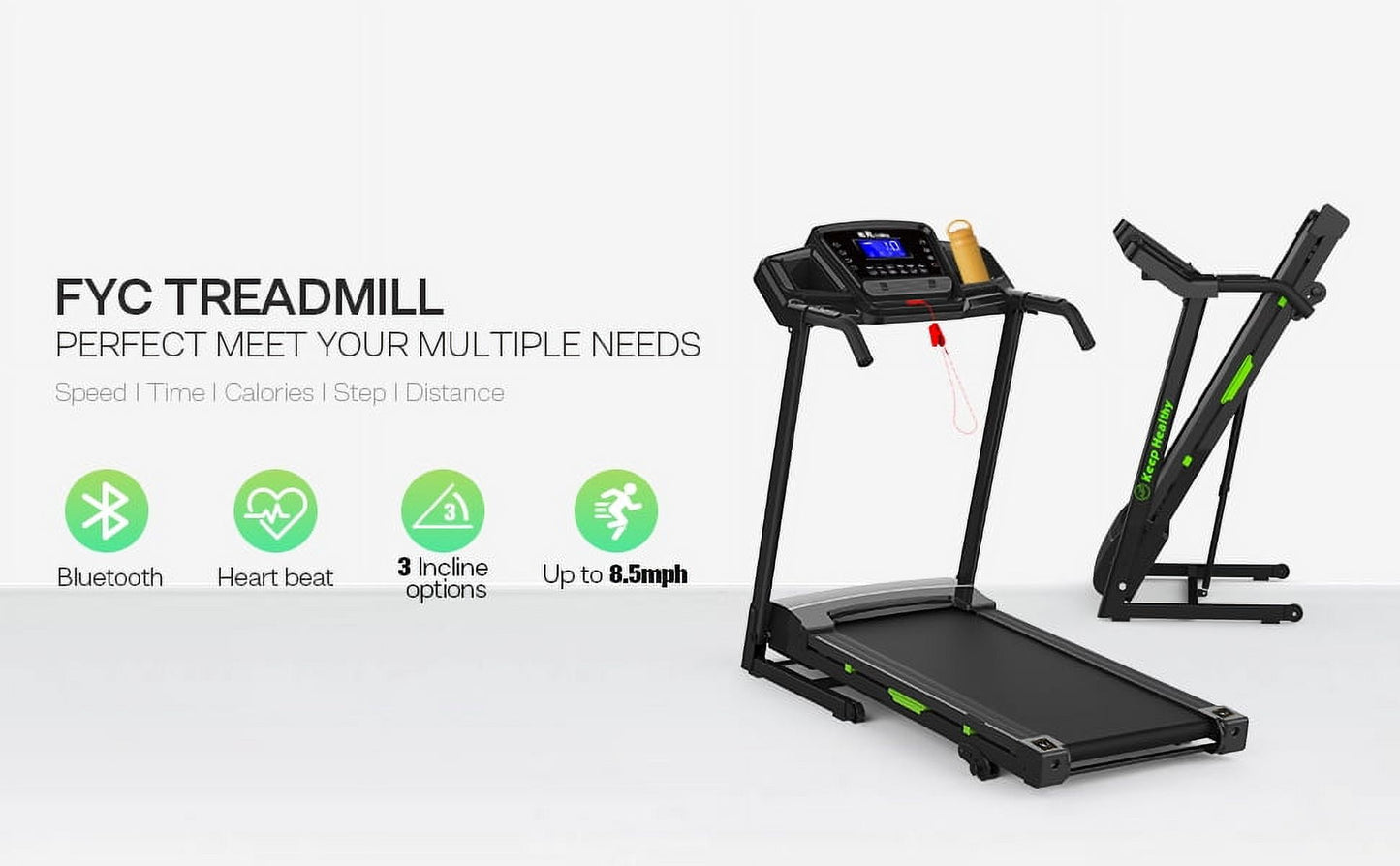 FYC Folding Treadmill for Home with Incline / Bluetooth, 3.5HP 330lb Weight Capacity Portable Electric Treadmill for Home Gym Exercise Running Walking Easy Assembly Green