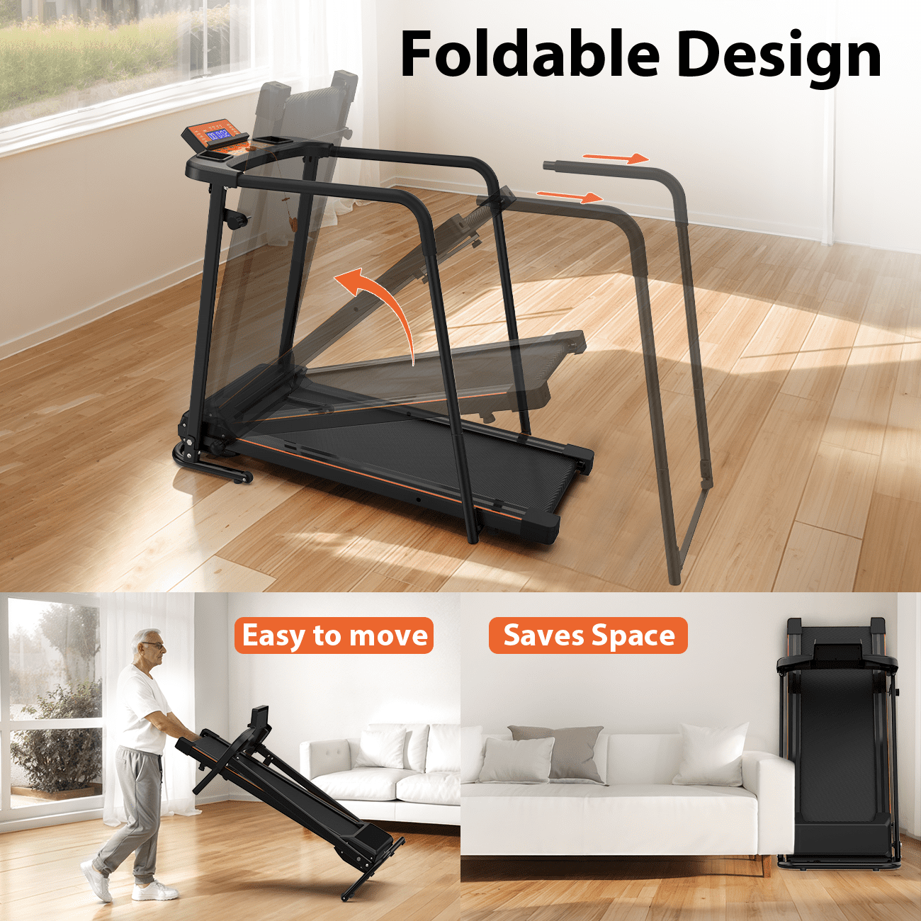 FYC Foldable Treadmill for Senior, 2 in 1 Folding Exercise Treadmill with Long Handrail, 300 lbs Capacity 0.5-6 MPH