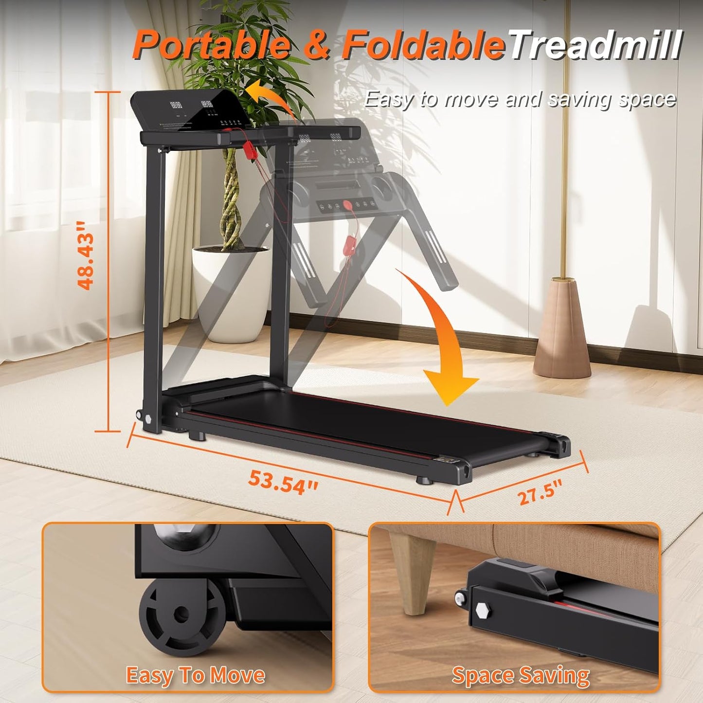 Foldable Treadmill with Handles Treadmills for Home Small Spaces 2.5HP Folding Treadmills Walking Pad Treadmill with Handle Bar Quiet Walking Machine, 300LBS Capacity, Portable Small Home Gym (Black)