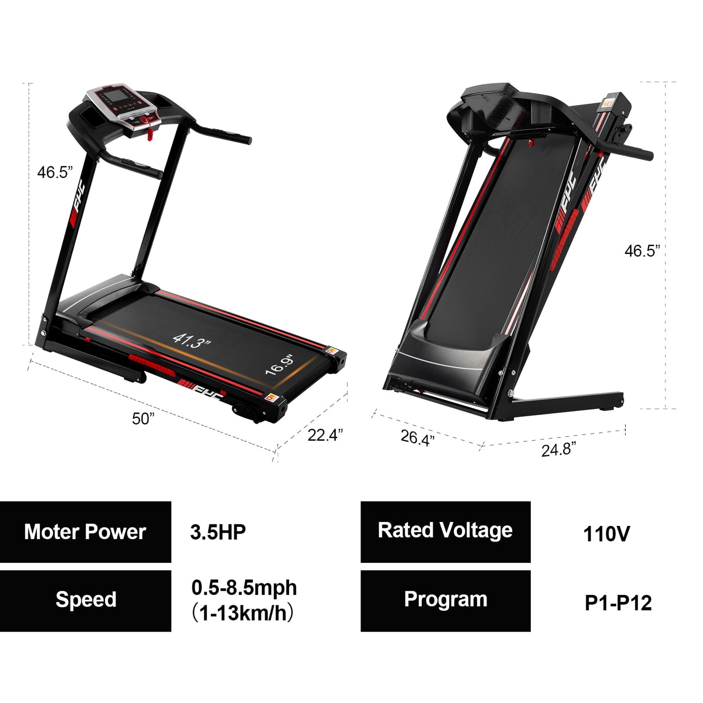 FYC Folding Treadmill for Home with Incline / Bluetooth, 3.5HP 330lb Weight Capacity Portable Electric Treadmill for Home Gym Exercise Running Walking Easy Assembly Green