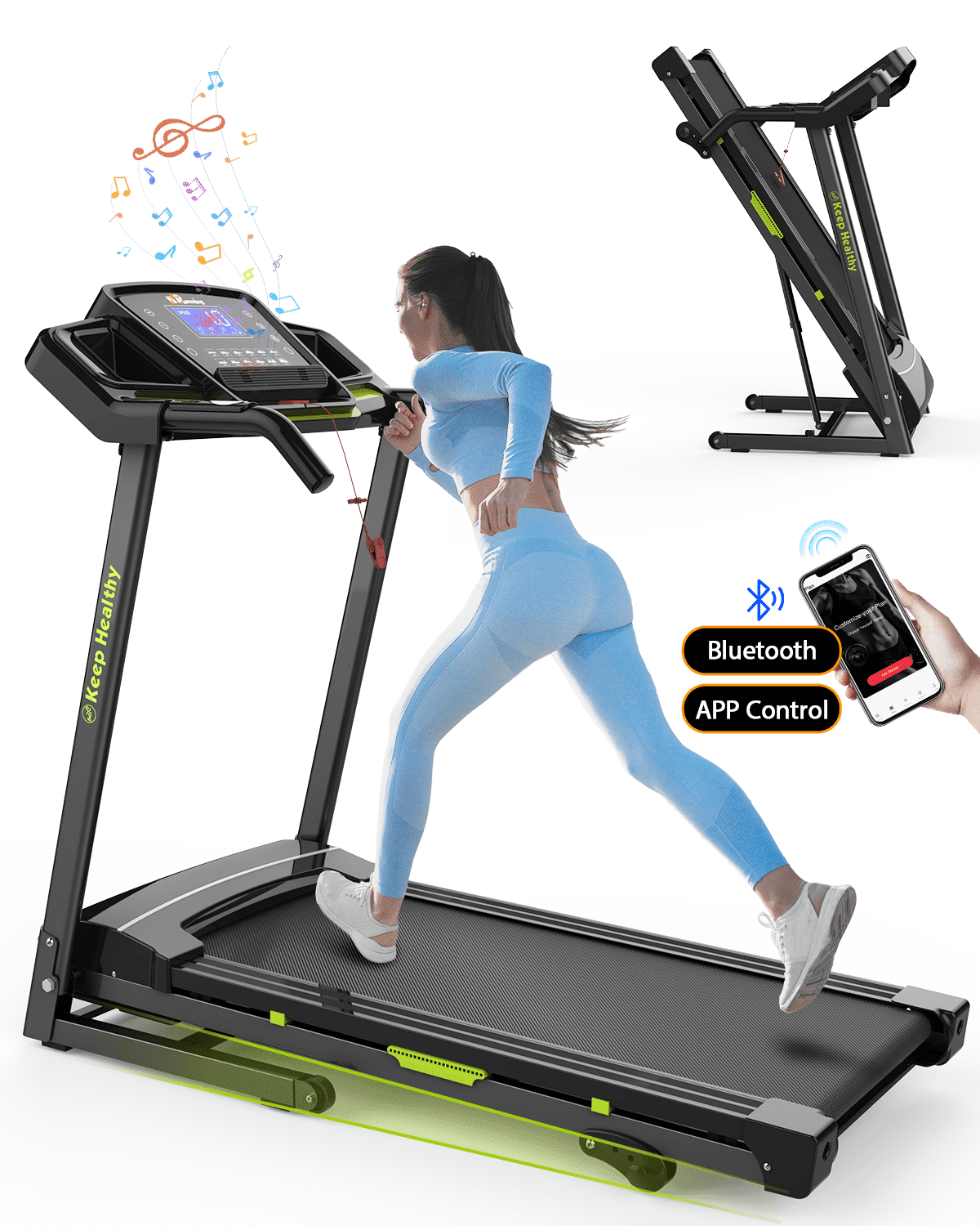 FYC Folding Treadmill for Home with Incline / Bluetooth, 3.5HP 330lb Weight Capacity Portable Electric Treadmill for Home Gym Exercise Running Walking Easy Assembly Green