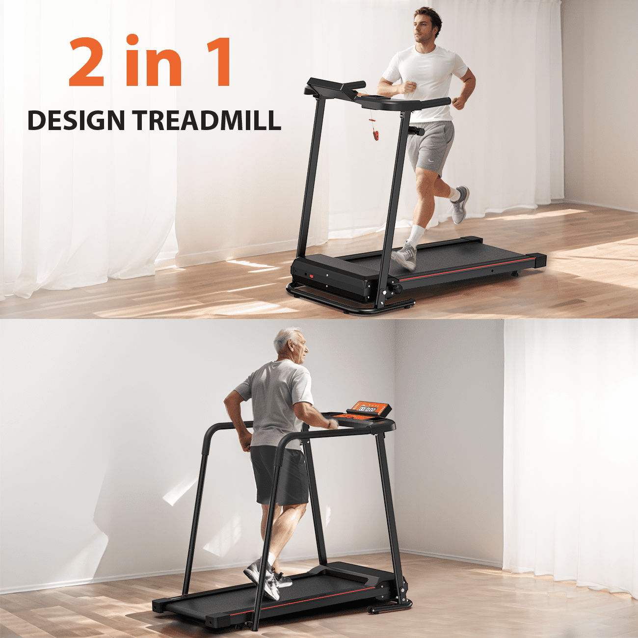 FYC Foldable Treadmill for Senior, 2 in 1 Folding Exercise Treadmill with Long Handrail, 300 lbs Capacity 0.5-6 MPH