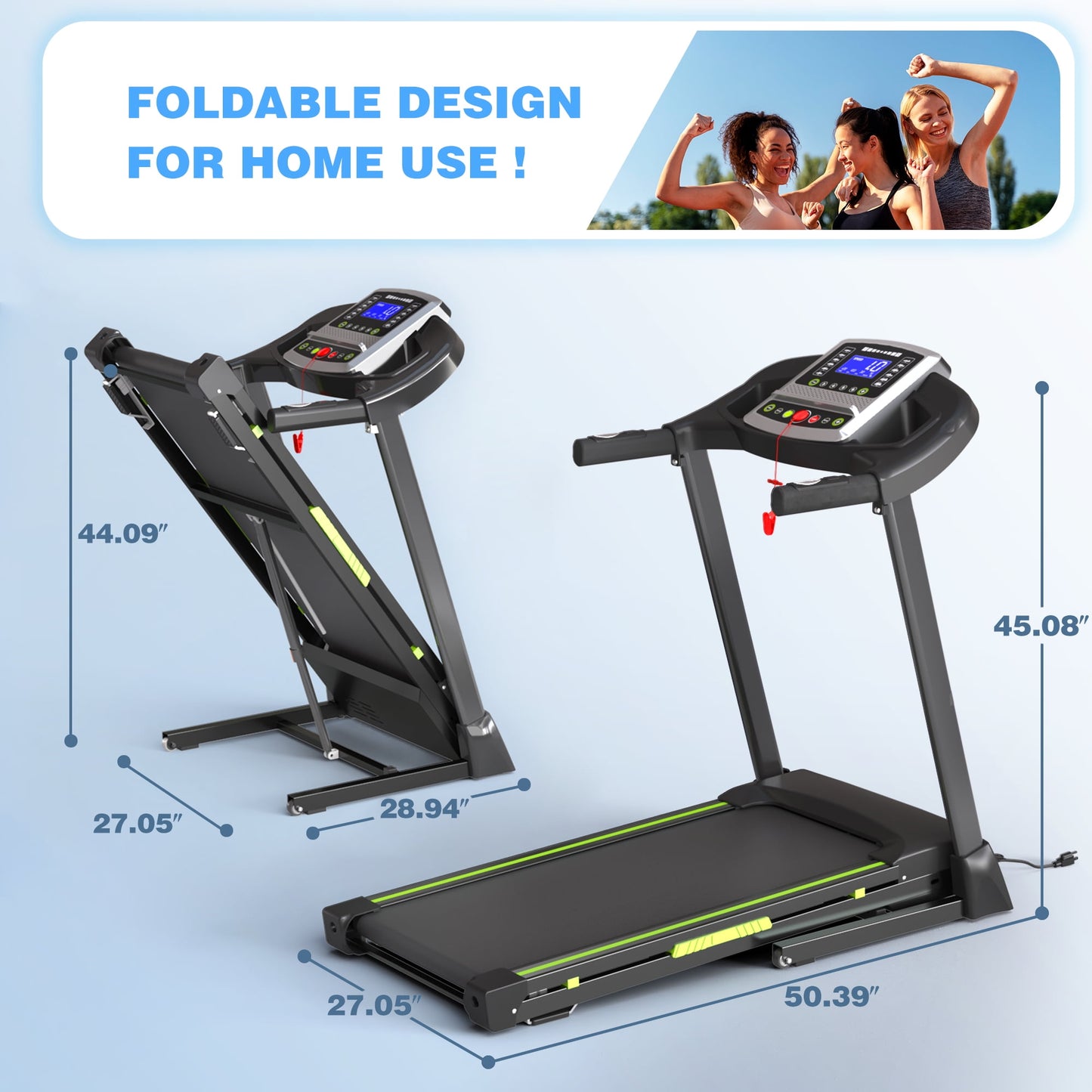 FYC Folding Treadmill for Home with Incline / Bluetooth, 3.5HP 330lb Weight Capacity Portable Electric Treadmill for Home Gym Exercise Running Walking Easy Assembly Green