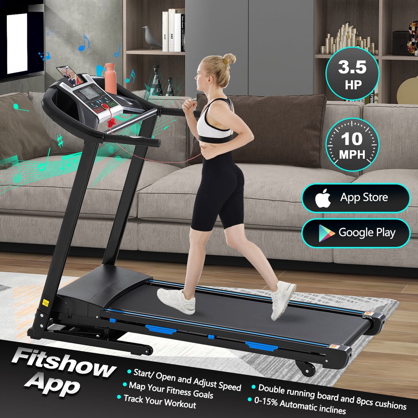 FYC Folding Treadmill for Home with Incline / Bluetooth, 3.5HP 330lb Weight Capacity Portable Electric Treadmill for Home Gym Exercise Running Walking Easy Assembly Green