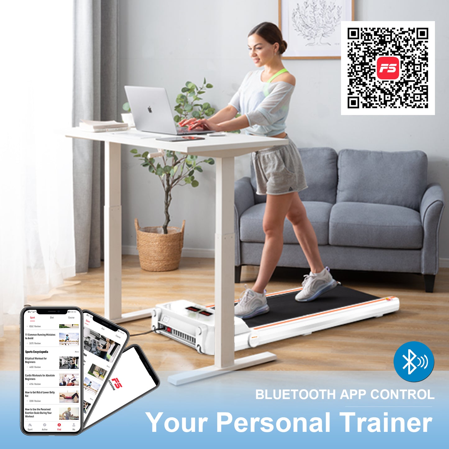FYC Under Desk Treadmill 2.5HP Slim Walking Treadmill with APP/Bluetooth (JK30F-9-White)