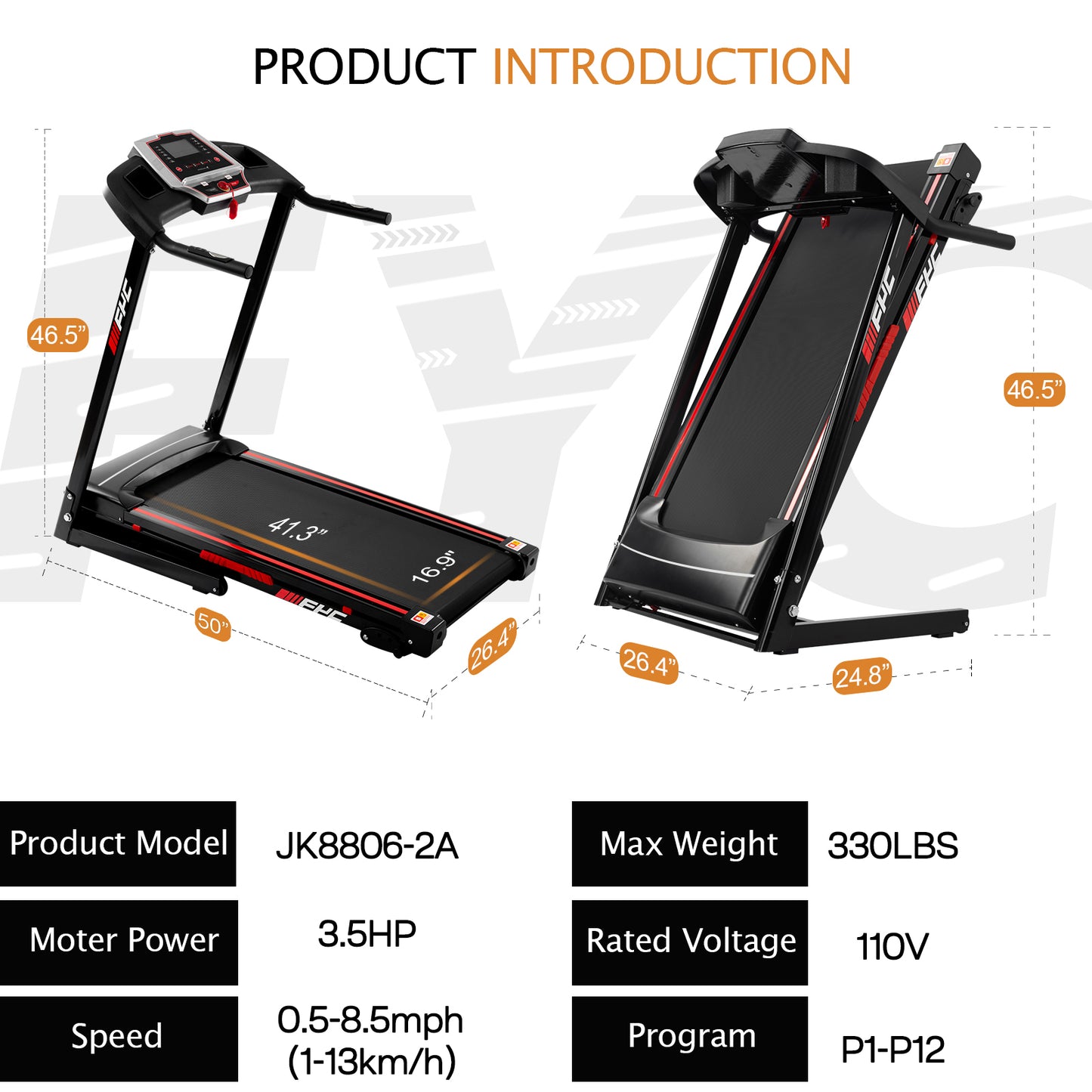 FYC Folding Treadmills 330Lbs Weight Capacity - 3.5HP Foldable Treadmill with Incline/APP/Buletooth (JK8806-2A)